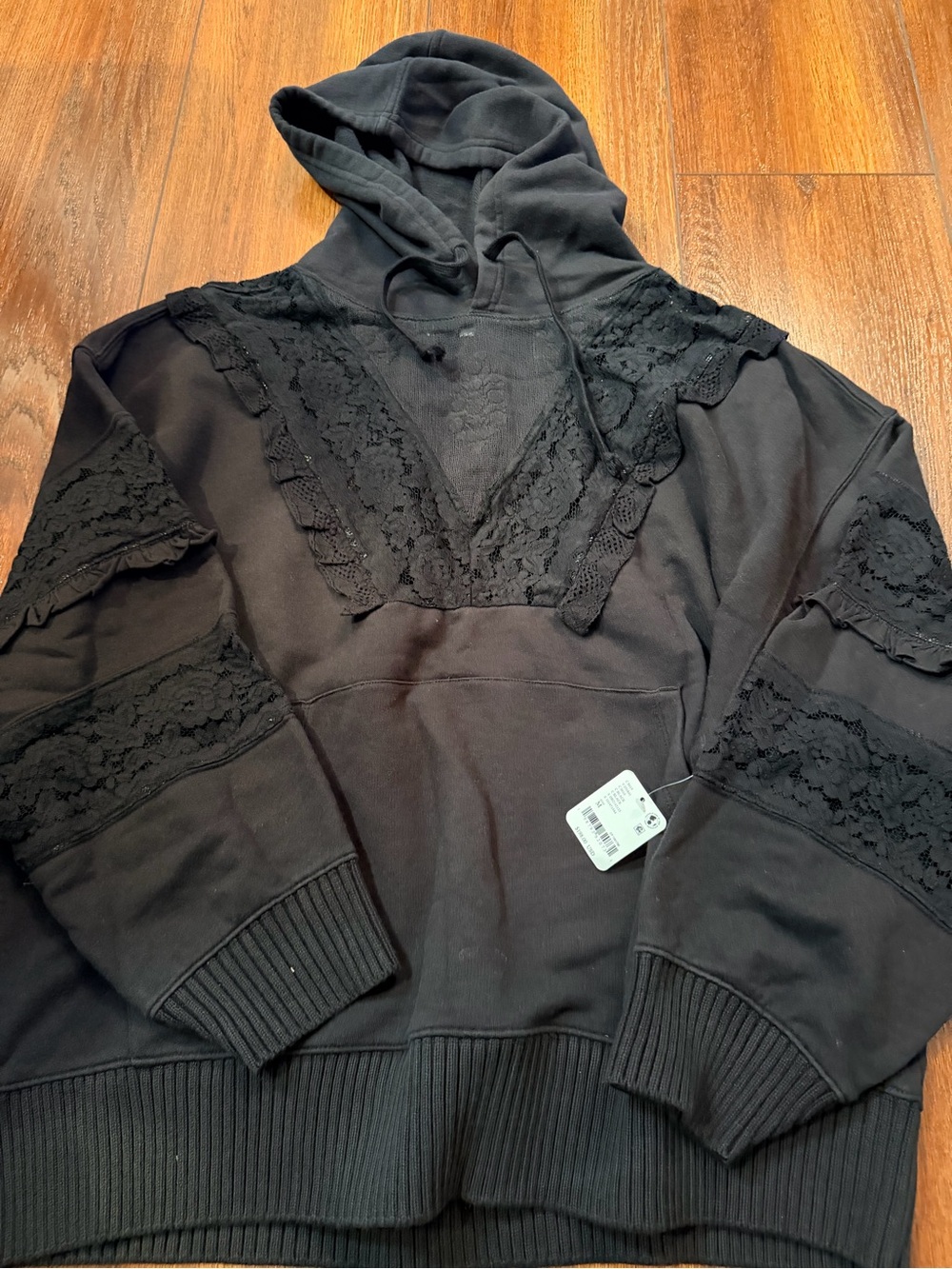 FP Movement by Free People Black Lace-Trim Pullover Hoodie